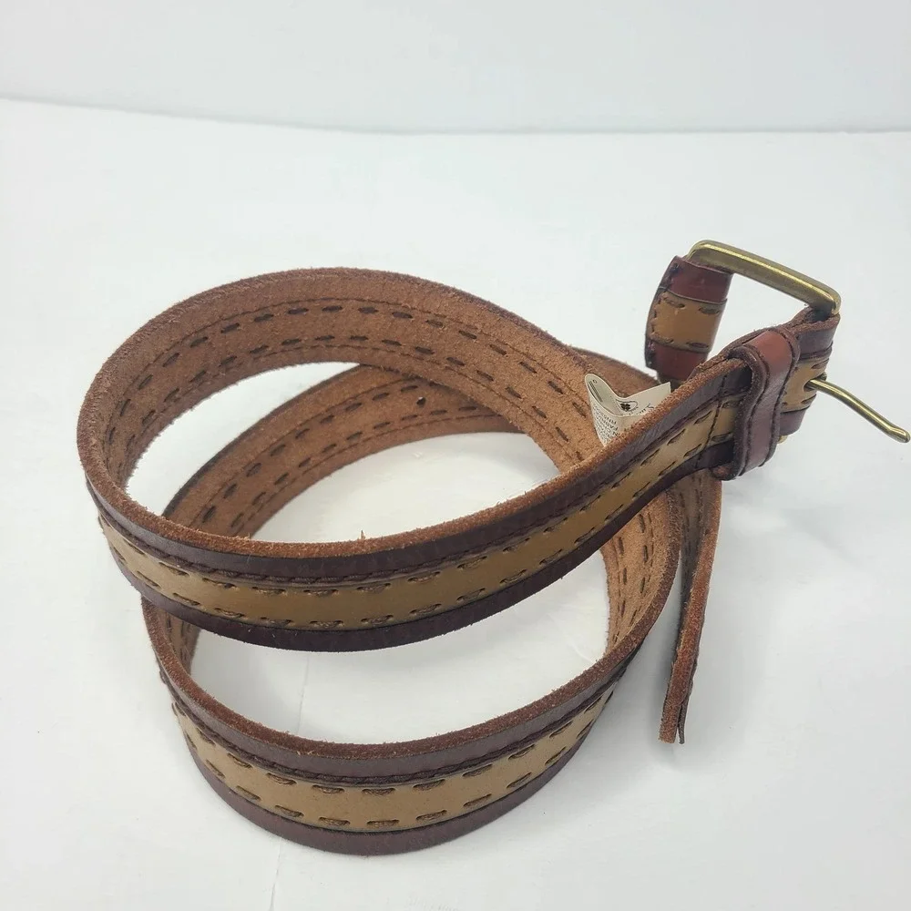 Vtg Lucky Brand Leather Belt‎ Brown Tan 36 Wide Bohemian Western Stitch Unisex